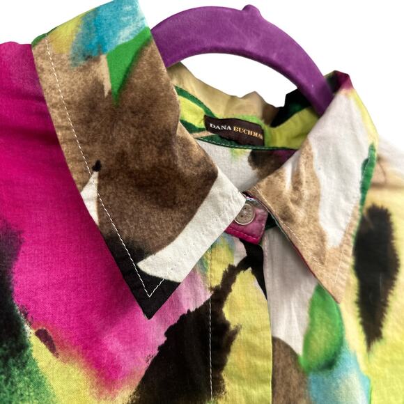 Dana Buchman Top M Watercolor Floral Bold Button Down Resort Travel Boho Beachy - Picture 8 of 15